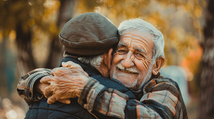 Two elderly men are hugging. Concept of strong friendship for life. Meeting of two old friends. October 1 is the International Day of Older Persons. July 30 is International Friendship Day