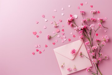 Valentine's Day. Pink Flowers and Hearts on Pastel Pink Background with Envelope