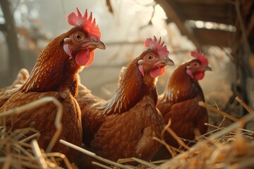 Fototapeta premium A vibrant morning scene shows chickens freely exploring a flower-dotted field near an old wooden barn.