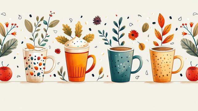 Vector hand painted cafe tasty filter specialty coffee illustration. Cute flat simple hand drawn clipart seamless pattern, wallpaper background, fabrics surface pattern design