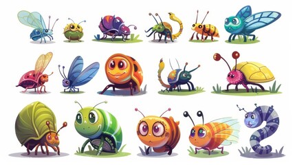 A collection of cartoon insects for kids and children, including butterflies, snails, spiders, moths, and more.
