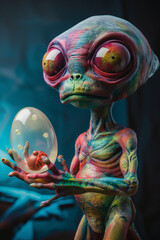 A studio shot of a scary ugly alien monster holding a transparent egg with a scary alien embryo inside	