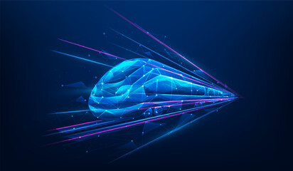 modern train high speed digital technology low poly wireframe blue background. future transport and logistics concept. vector illustration fantastic design.