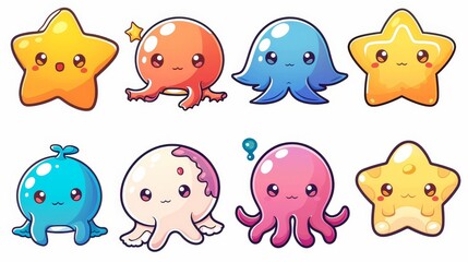 Toy icon set line. Monogrammed whale, jellyfish, crab, and starfish. Cute cartoon kawaii funny baby character. Sea ocean animal collection. Flat design. Kids print. White background. Isolated.