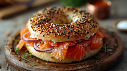 Gourmet bagel with poppy seeds, sesame, salmon, cheese and onion.