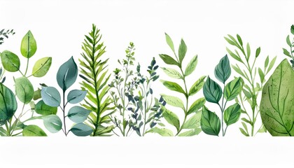 Handpainted watercolor illustration of a seamless greenery border on a white background