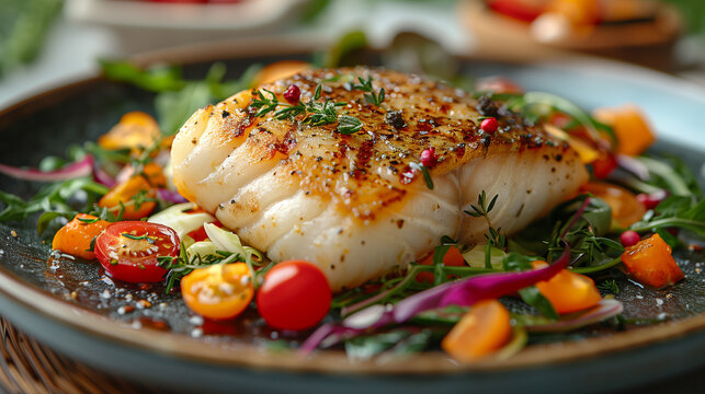 A dish with grilled fish and vegetables. 