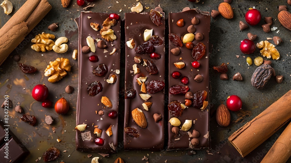 Poster a chocolate bar layered with nuts and cranberries, showcasing a blend of textures and flavors. gener