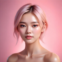 Koncepcja piękna kobiety w kulturze azjatyckiej. Blondwłosa z różowymi refleksami azjatycka kobieta z nieskazitelnie gładką skórą i brązowymi oczami. Nowoczesny kanon piękna. Neutralne różowe tło