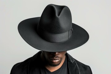 Close-up of an unidentifiable man wearing a stylish black hat, casting a shadow over his face