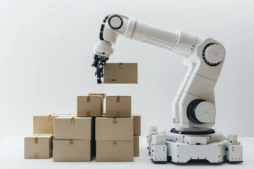 Automated Robot Carriers And Robotic Arm In Modern Distribution Warehouse
