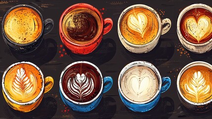 Vector hand painted cafe tasty filter specialty coffee illustration. Cute flat simple hand drawn clipart seamless pattern, wallpaper background, fabrics surface pattern design