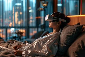 A woman laying in a bed wearing a virtual reality headset