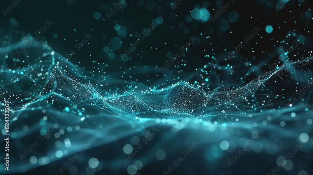 Poster turquoise image of data science, diagrams, maps, lines, flying in a black background. generative ai.