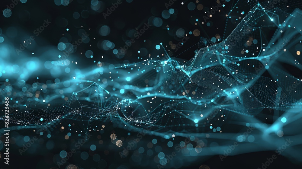 Poster turquoise image of data science, diagrams, maps, lines, flying in a black background. generative ai.