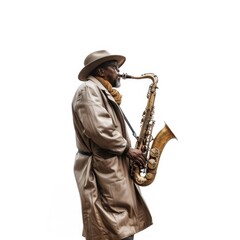 Soulful Saxophonist: Jazz & Blues Solo Performance, Isolated on White Background
