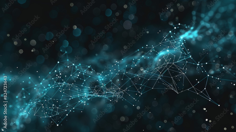 Poster turquoise image of data science, diagrams, maps, lines, flying in a black background. generative ai.