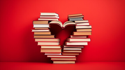 Heart-shaped configuration of assorted love story books on a bold red background, symbolizing a passion for reading