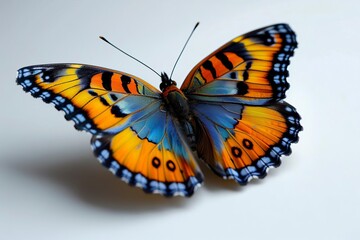 Close-up of a vibrant orange and blue butterfly with intricate patterns on its wings, set against a plain white background.