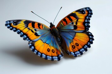 Obraz premium Close-up of a vibrant orange and blue butterfly with intricate patterns on its wings, set against a plain white background.