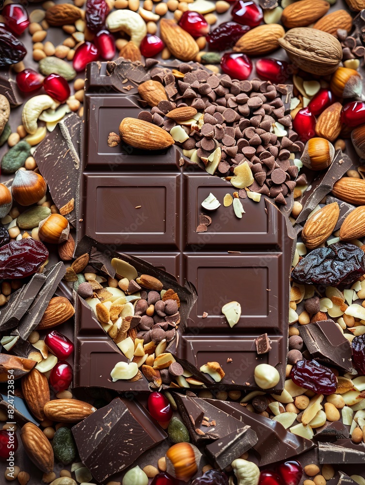Aufkleber A detailed close-up view of a chocolate bar surrounded by an assortment of nuts, creating a rich and appetizing composition. Generative AI