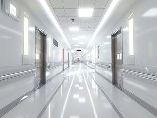 Modern hospital hallway with bright lighting and clean lines, creating a professional and sterile backdrop