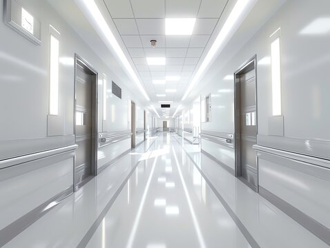 Modern hospital hallway with bright lighting and clean lines, creating a professional and sterile backdrop