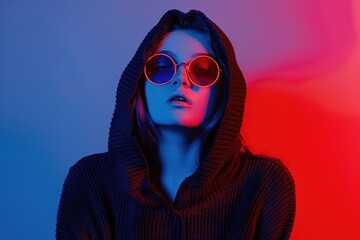 Model With Sunglasses. Fashion Portrait of Young Woman in Neon Red and Blue Light