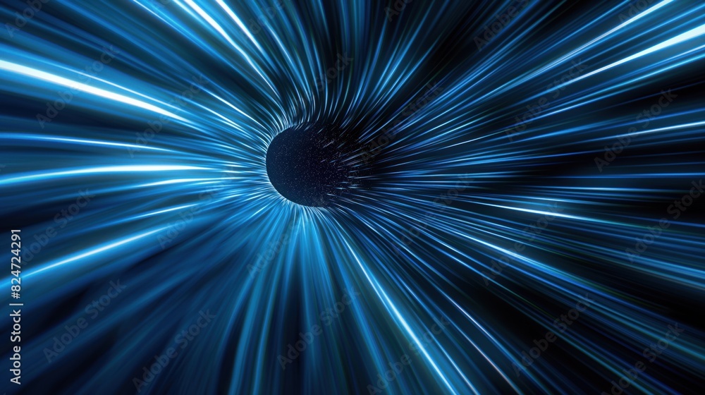 Poster abstract light speed effect with blue streaks radiating from a central point on a dark background