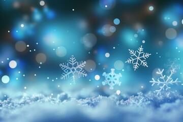Fototapeta premium 青い背景の雪の結晶とボケの光