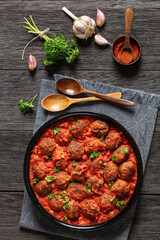 Albondigas, mexican meatballs in dish, top view