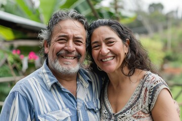 Middle Aged Hispanic Couple in Countryside Smiling Happily Together