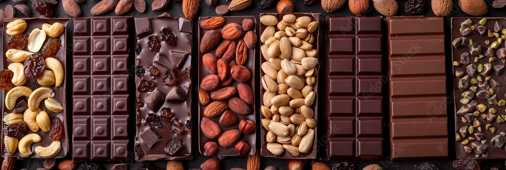 Poster assorted chocolate bars lined up with nuts on top, showcasing rich textures and natural ingredients.