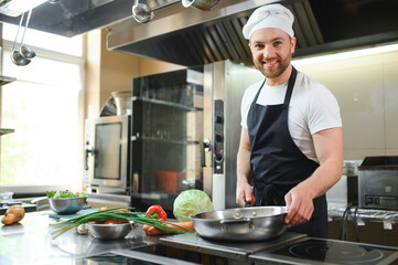 Portrait of handsome positive chef cook at the restaurant kitchen