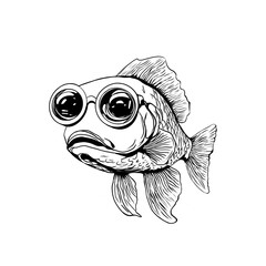 Black and white fish with round glasses on transparent background, suitable for printing on paper and textiles