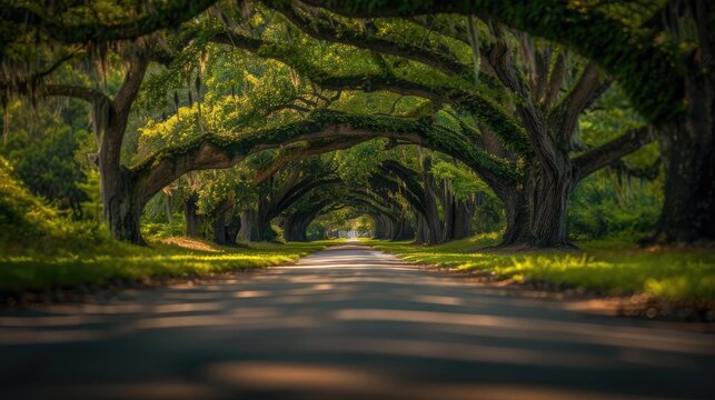A peaceful tree-lined road with overhanging branches creating a natural tunnel, bathed in sunlight.