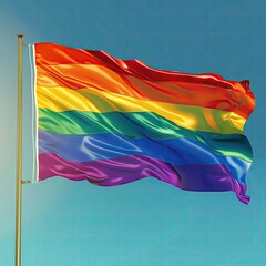 Close up of a rainbow flag waving against a bright blue sky, symbolizing unity and pride