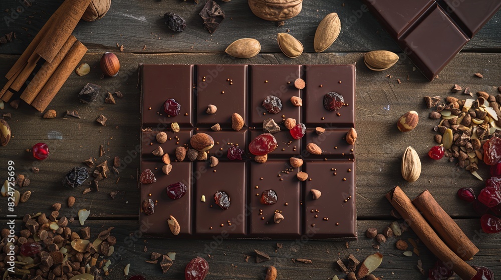 Poster a close-up of a chocolate bar filled with nuts and cranberries, showcasing rich textures and natural