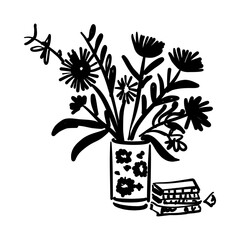Simple hand-drawn vector drawing in black outline. Bouquet of wildflowers isolated on a white background. For prints of postcards. Gift, birthday, March 8.