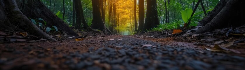 A serene forest path with vibrant autumn colors and sunlight peeking through the dense trees, creating a tranquil and enchanting atmosphere.