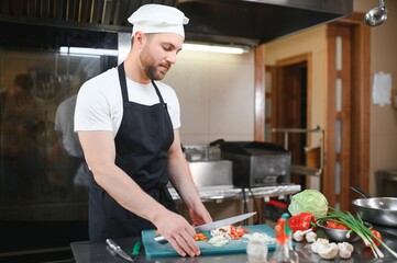 Portrait of happy caucasian male chef standing in restaurant kitchen, copy space
