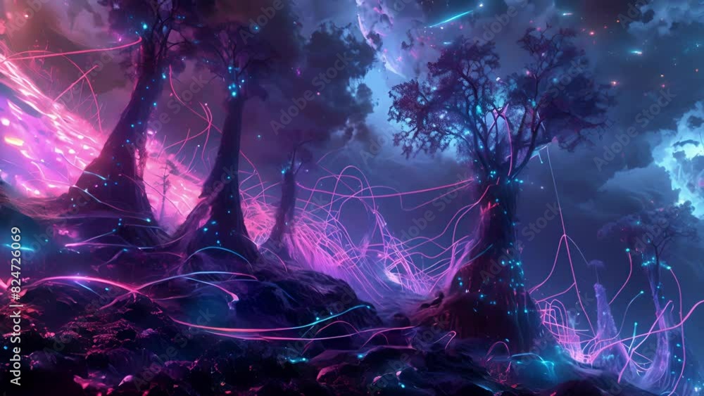 Poster a surreal otherworldly environment where the landscape is made up of synapses and the sky is filled 