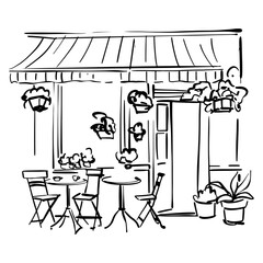 Street cafe in old town vector illustration without people. French Street Cafe doodle sketch 