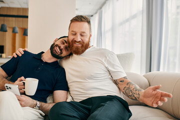 Happy gay couple in casual clothes enjoying coffee together on a modern couch in their living room.