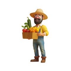 3D cartoon, happy farmer holding fruit and vegetable box in his hand, in a white background