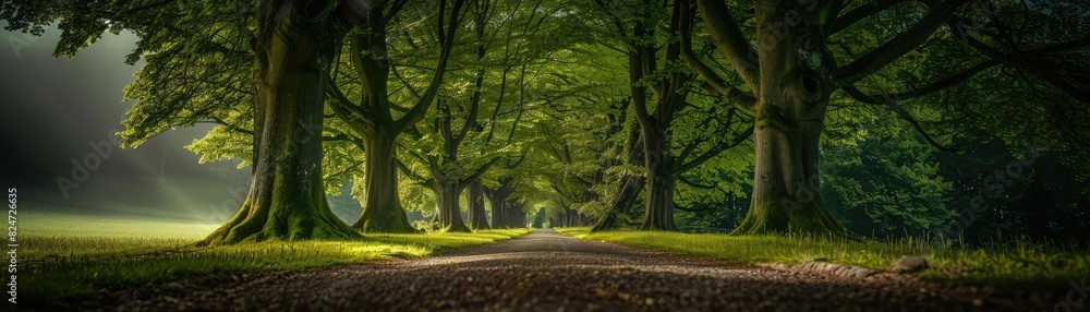 Aufkleber scenic woodland path lined with lush green trees creating a serene and peaceful atmosphere, perfect 