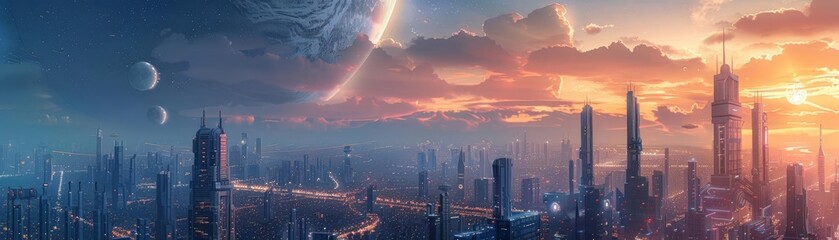 Obraz premium Scifi cityscape with towering buildings and interstellar travel portals, under a celestial twilight, evoking a sense of discovery