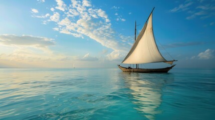 Fototapeta premium Waters of Zanzibar: Traditional African Dhow Sailing in the Calm Indian Ocean