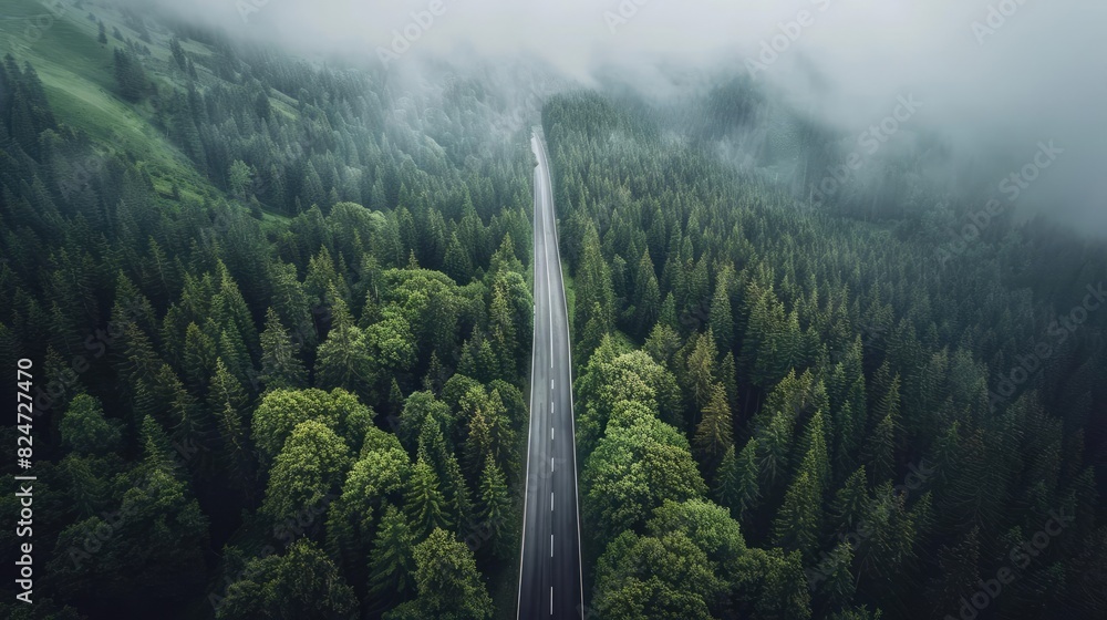Poster aerial view of a winding road cutting through a lush, mist-covered forest, creating a serene and tra