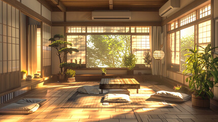 A minimalist Japanese living room with a tokonoma alcove, shoji screens, and a futon sofa. 